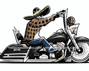 Op de afbeelding: Een cartoonillustratie van een skelet dat een geruit overhemd en een sombrero draagt ​​en een zwarte motorfiets rijdt. De motorfiets heeft een groot voorwiel en een chromen uitlaatpijp.