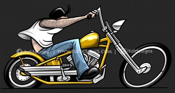 黄色いチョッパーに乗ったバイカーの絵、オートバイ、バイク乗りの漫画