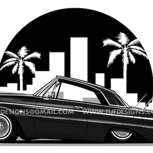 Lowrider car drawing, 64 impala design, printable PNG file for t-shirts, man cave, garage art, digital downloadable artwork