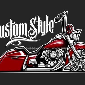 May include: A red custom motorcycle with the words "Kustom Style" in white lettering. The motorcycle has a large engine and a chrome exhaust. The words "Tuf Designs" and "www.tufdesigns.com" are also visible.