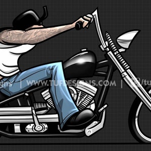 Digital drawing of a tattooed biker riding a black chopper.