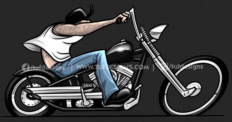 Digital drawing of a tattooed biker riding a black chopper.