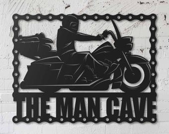 The Man Cave metal sign, motorcycle bike rider design, wall art, home decor, garage art, signage, bike shop logo