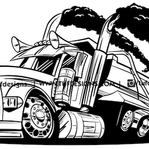 May include: Black and white illustration of a cartoon semi-truck with smoke coming out of the exhaust pipes. The truck is a dump truck with a large bed in the back. The truck is facing the right side of the image.