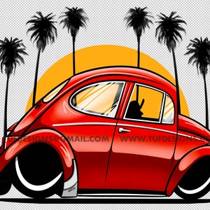 Red lowered california style bug drawing small car cartoon beetle clipart logo design image 2