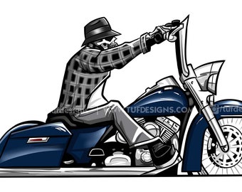 Blue Motorcycle Skeleton Derby Art Cholo Style Bike Drawing