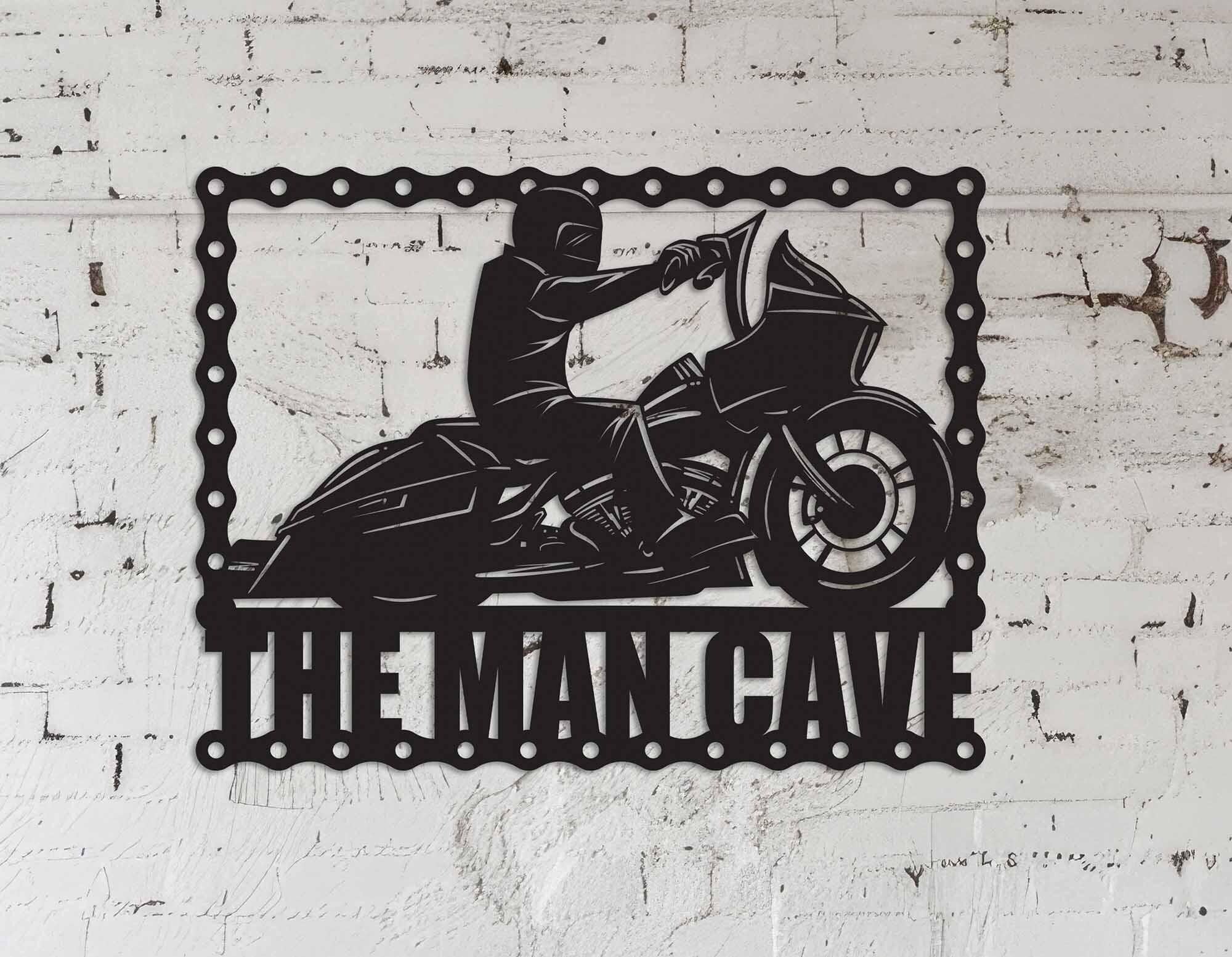 The Man Cave metal sign, biker riding a motorcycle bagger, wall art deco, garage art, gift for bikers, workshop signage