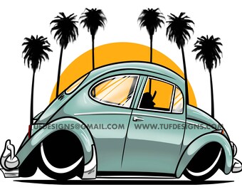 Green lowered california style bug drawing small car cartoon beetle clipart logo design
