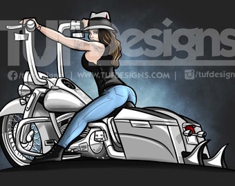 Chicana Biker Riding Lowrider Bagger Motorcycle Digital Artwork