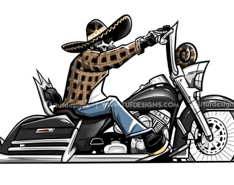 Black Motorcycle Skeleton Sombrero Art Cholo Style Bike Drawing Artwork