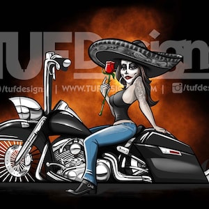 Dia de los Muertos drawing, mexican biker woman sitting on a motorcycle illustration, bike rider artwork, day of the dead png art files