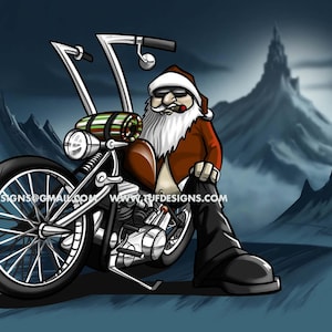 Rysunek motocyklisty Świętego Mikołaja, Harley Davidson png, projekt motocykla, sztuka motocyklisty, ilustracja świąteczna, grafika przedstawiająca jazdę motocyklem Świętego Mikołaja