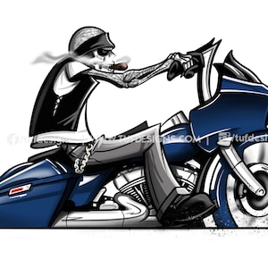 Blue bagger motorcycle drawing skeleton biker riding bike clipart logo design
