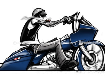 Blue bagger motorcycle drawing skeleton biker riding bike clipart logo design