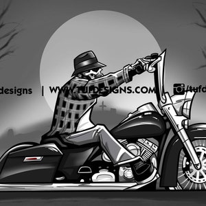 Halloween png Artwork, Skelett Biker Zeichnung auf Cholo Style Vicla Motorrad