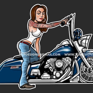 Girl biker design, motorcycle downloadable artwork, biker chick, girls that ride, woman bike rider, harley davidson bagger, motorbike logo