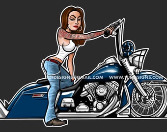 Blue bagger motorcycle drawing girl biker riding cholo style vicla lowrider bike clipart logo design