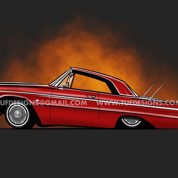 Auto lowrider rossa 64 che disegna il logo clipart dell'automobile da crociera classica della vecchia scuola