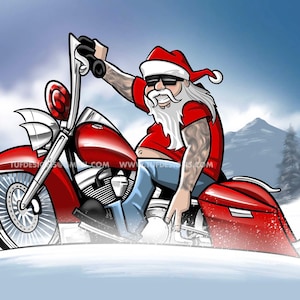 Santa Claus biker, motorcycle drawing, Harley Davidson artwork, cartoon illustration, Merry Christmas, road king bagger, png art file