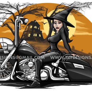 Motorcycle drawing, halloween illustration, harley davidson png, witch biker, road king bagger, cartoon drawing, haunted house artwork