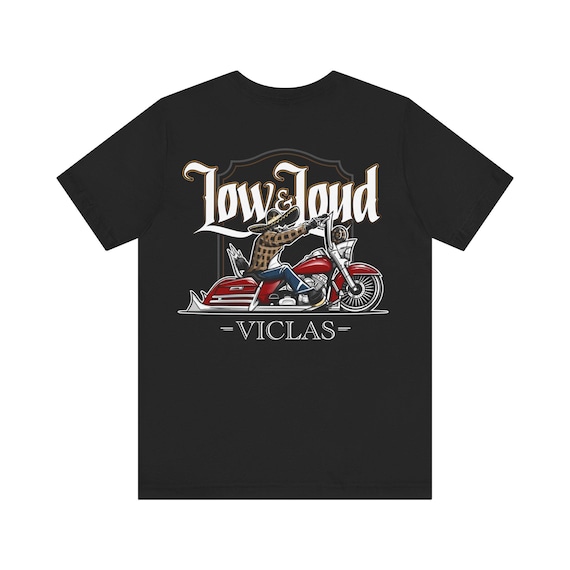 Low and Loud Viclas Biker T-shirt with motorcycle design, skeleton cholo bike rider, lowrider artwork, chicano style streetwear, mexican art