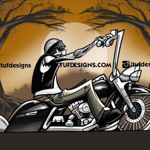 Motorcycle drawing, harley davidson design, skeleton biker design, custom bagger artwork, bike rider, halloween illustration, road king png