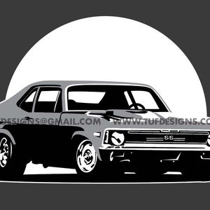 May include: Black and white illustration of a classic Chevrolet Nova SS car with a white background. The car has a black interior and black wheels. The car is facing forward and the front grill is visible. The car has a black stripe on the hood. The text "TUFDESIGNS@GMAIL.COM WWW.TUFDESIGNS.COM" is visible on the side of the car.