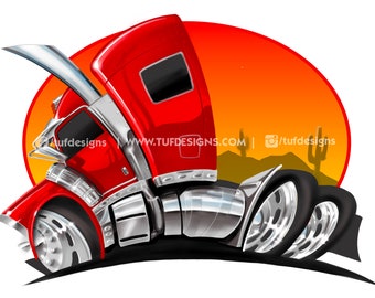 Red semi truck cartoon drawing lowered big rig trucking company logo design