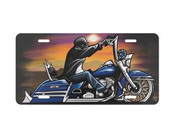 Cholo biker vanity license plate design low rider blue bagger motorcycle art