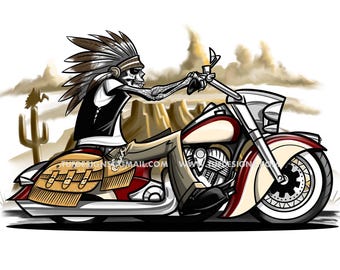 Może przedstawiać: Kreskówkowa ilustracja szkieletu w indiańskim nakryciu głowy jadącego na motocyklu. Motocykl jest biały z czerwonymi i brązowymi akcentami. Tło to pustynna sceneria z kaktusami i górami.