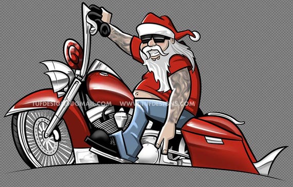 Cartoon Drawing of Santa Claus Riding Motorcycle, Christmas
