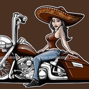 Chicana biker drawing, motorcycle png design, biker chick on cholo style bagger clipart, lowrider motorcycle logo