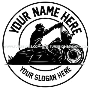 May include: Black and white illustration of a motorcycle rider in a circle with the text "YOUR NAME HERE" and "YOUR SLOGAN HERE".