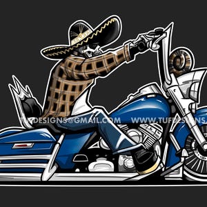May include: A cartoon illustration of a skeleton wearing a plaid shirt and a sombrero riding a blue motorcycle. The motorcycle has a large front wheel and a chrome exhaust pipe. The text "www.tufdesigns.com" is visible on the side of the motorcycle.