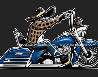 Drawing of a skeleton biker riding a motorcycle, custom lowrider style bagger, bike rider with sombrero, graphics design for bikers