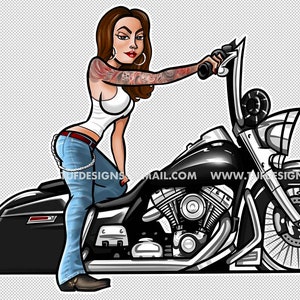 Black bagger motorcycle drawing girl biker riding cholo style vicla lowrider bike clipart logo design image 2