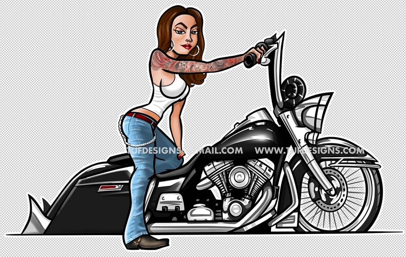 Black bagger motorcycle drawing girl biker riding cholo style vicla lowrider bike clipart logo design image 2