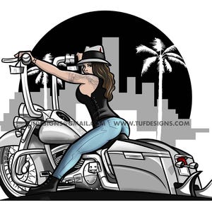 Conception PNG de motard Lowrider, dessin de moto de femme, oeuvre d'art ensacheuse de style cholo, art harley davidson vicla, art de style chicano