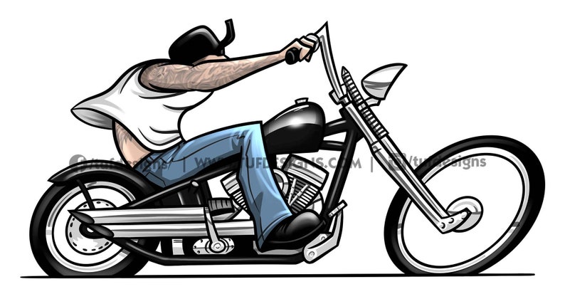 Digital drawing of a tattooed biker riding a black chopper.