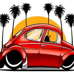 Red lowered california style bug drawing small car cartoon beetle clipart logo design image 1