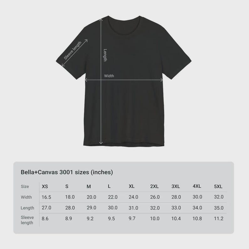 May include: Black t-shirt with size chart. The chart shows Bella+Canvas 3001 sizes in inches, including width, length, and sleeve length for sizes XS to 5XL. The t-shirt has a crew neck and short sleeves.