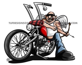 Valentines cupid character biker artwork chopper bobber motorcycle cartoon drawing clipart logo design