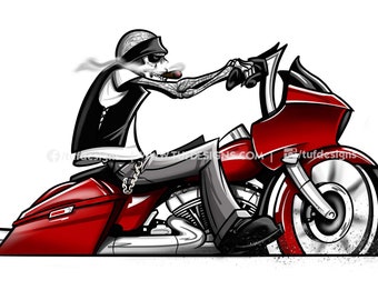 Red bagger motorcycle drawing skeleton outlaw character biker clipart logo design