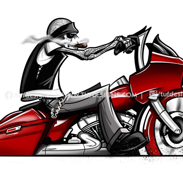 Red bagger motorcycle drawing skeleton outlaw character biker clipart logo design