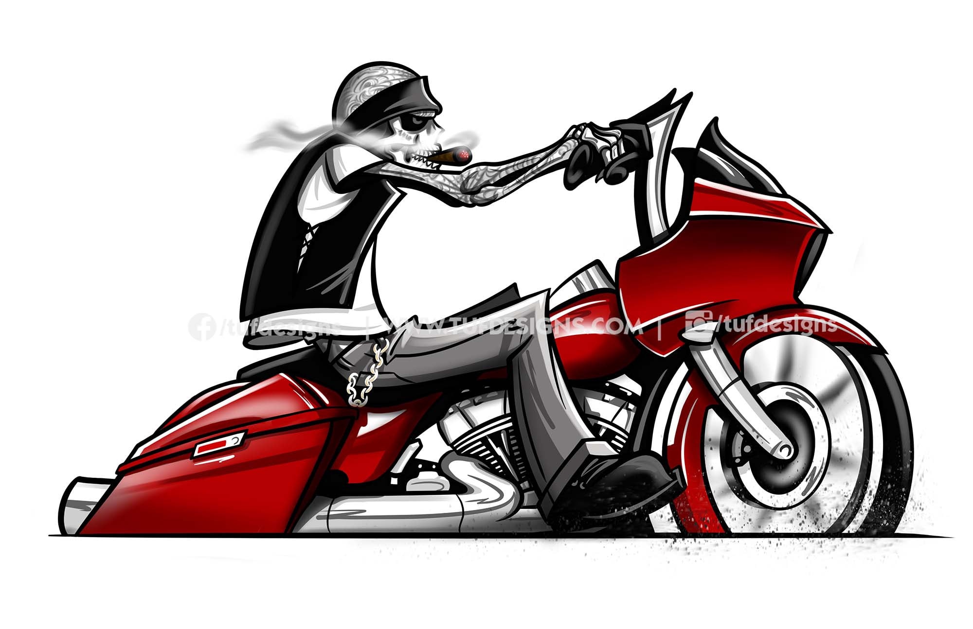 PNG design of tattooed skeleton riding bagger motorcycle drawing