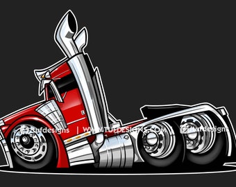 Red lowered semi truck cartoon drawing trucking company big rig clipart logo design
