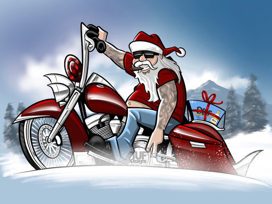 Motorcycle Art Santa Clause Biker Cartoon Drawing (Download Now) - Etsy