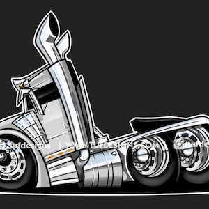Cartoon illustration of a lowered semi truck, Peterbilt big rig drawing, trucker logo design, truck driver clip art graphics