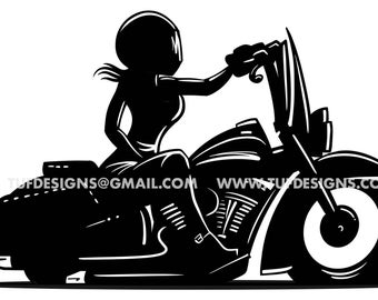 May include: Black and white silhouette of a person riding a motorcycle. The person is wearing a helmet and is holding the handlebars. The motorcycle has a large front wheel and a smaller back wheel.