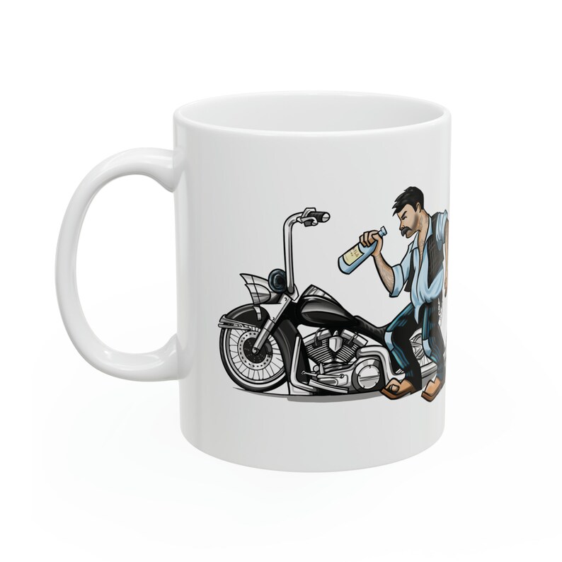 Borracho biker white coffee mug cholo style vicla motorcycle artwork design image 1